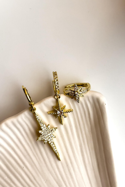 Radino Collection Zirkon Taşlı Kutup Yıldızı 3’lü Altın Kaplama Çelik Küpe Seti