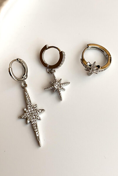 Radino Collection Women's Silver Color Zircon Stone Pole Star 3-Piece Steel Earring Set – Sparkling, Modern Design