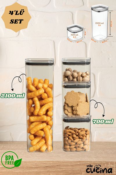 Stile Cucina Set of 4 Vacuum Silicone Sealed Square Food, Flour, Pulses Storage Containers - 3X700 ml - 1X2100 ml Capacity