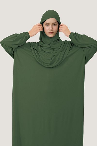 Mesa Charm Women's Hijab One Piece Organic Cotton Headscarf Plug and Play Prayer Dress Pistachio Green