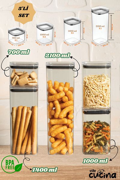 Stile Cucina Set of 5 Vacuum Sealed Square Food, Flour, Pulses Storage Containers - 1X700 ml - 2X1000 ml - 1X1400 ml - 1X2100 ml