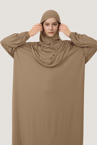Mesa Charm Women's Hijab One Piece Organic Cotton Headscarf Plug and Play Prayer Dress Beige