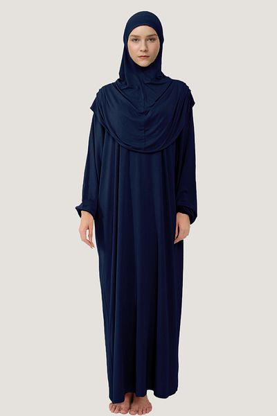 Mesa Charm Women's Hijab One Piece Organic Cotton Headscarf Plug and Pull Prayer Dress Navy Blue