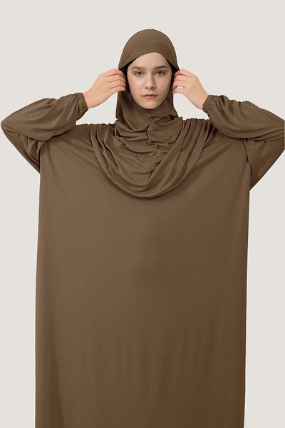 Mesa Charm Women's Hijab One Piece Organic Cotton Headscarf Plug and Play Prayer Dress Milky Brown