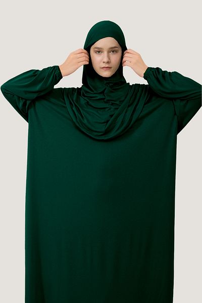 Mesa Charm Women's Hijab One Piece Organic Cotton Headscarf Plug and Play Prayer Dress Emerald Green