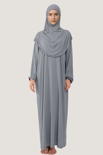Mesa Charm Women's Hijab One Piece Organic Cotton Headscarf Plug and Pull Prayer Dress Gray