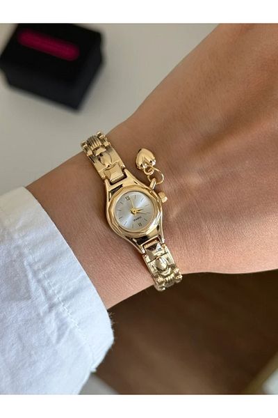 RoseandRoses Mishe Tiny Heart Charmlı Women Wrist Watch Gold (White Dial)