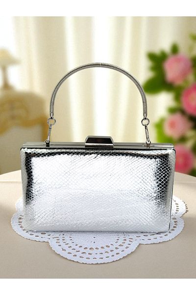 Biçanta Silver Gray Lame Color Snake Pattern Shiny Leather Women's Evening Dress Bag Wedding Engagement Graduation