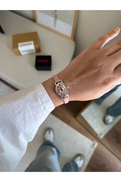 RoseandRoses Bonissa Minimal Leather Strap Women's Wrist Watch Pink (Pink Dial Silver Case)
