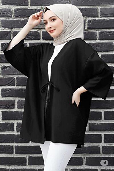 Sas Bağlama Detaylı Keten Kimono - Ferah Kesim