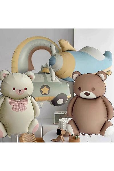 DÜVENCİ TİCARET Mat Bear Rainbow Cute Airplane Car Foil Balloons Happy Birthday Party Decoration