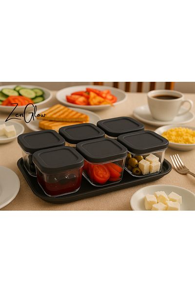 ZenGlow 6-Piece Mica Breakfast Set |   Kitchen Organizer with Transparent Practical Presentation Tray with Silicone Lid