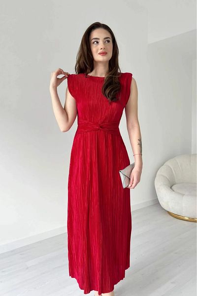 MODAMİNEM Women's Red Pleated Lacing Detail Dress