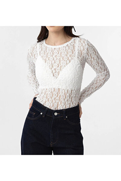 Hotfashion Beyaz Transparan Vücudu Saran Dantel Bluz