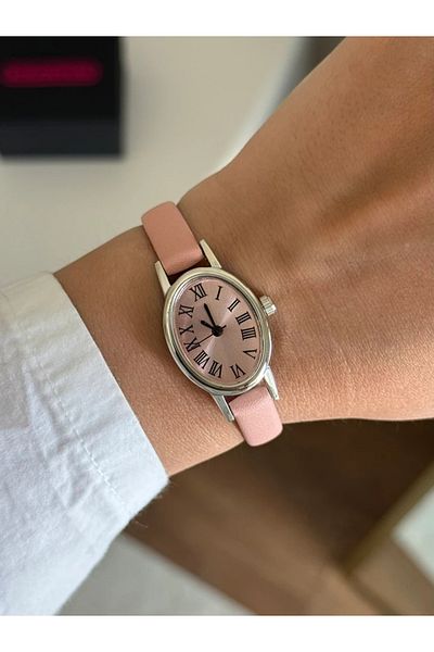 RoseandRoses Bonissa Minimal Leather Strap Women's Wrist Watch Pink (Pink Dial Silver Case)