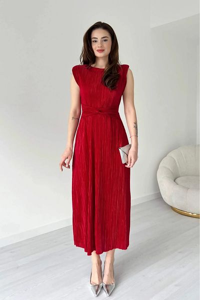 MODAMİNEM Women's Red Pleated Lacing Detail Dress