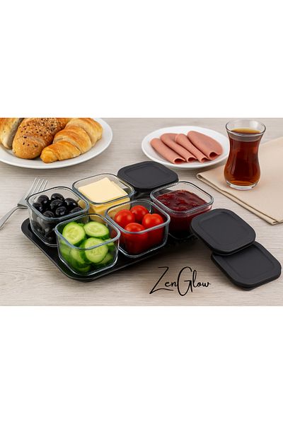 ZenGlow 6-Piece Mica Breakfast Set |   Kitchen Organizer with Transparent Practical Presentation Tray with Silicone Lid