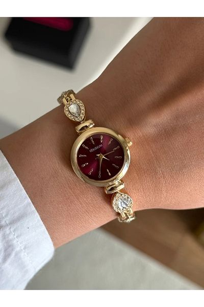 RoseandRoses Harrene Drop Stone New Season Thin Cord Women's Wristwatch Gold (Burgundy Dial)