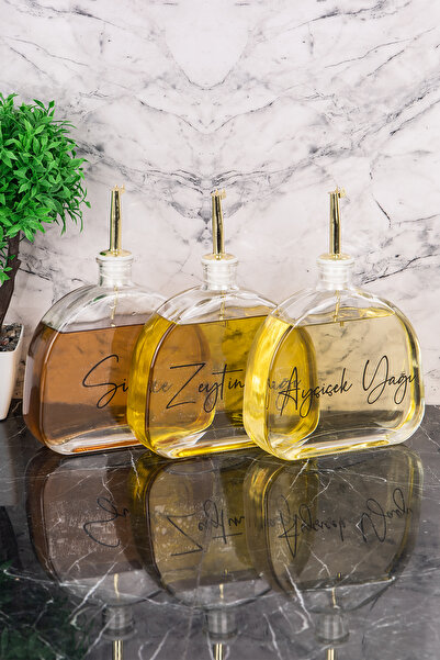 DNS HOME 3 Pieces Oval Glass Oil Pot with Label Gold Lid Sunflower Oil Olive Oil Vinegar Sauce Bowl 500 ml