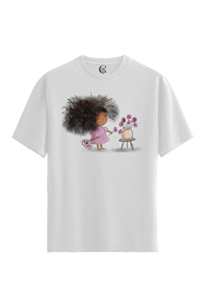 Color Luxe Women/Unisex White 100% Cotton Relaxed Fit Crew Neckflower Girl Cu...