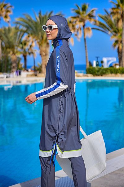 Marina Costum de baie complet acoperit cu hijab afumat – cu buton de fixare, dop, M2514