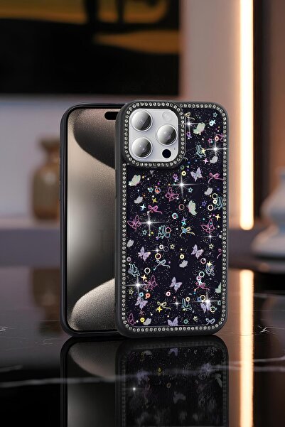 Hatreds Apple iPhone 15 Pro Max Kılıf Taşlı ve Simli Tasarım Azra Kapak