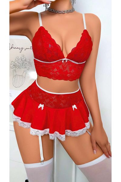Bluewhs Women's Lace Tulle Strap Transparent Nightdress Chest Low-Cut Stylish Red Lace Nightdress