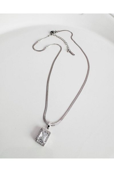 DEVİ fashion Steel Silver Baguette Necklace 40 cm