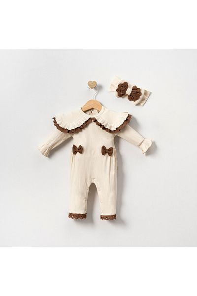 COLORFULLCLİPS Cream Bow Jumpsuit Bandana Set-3-6 Months