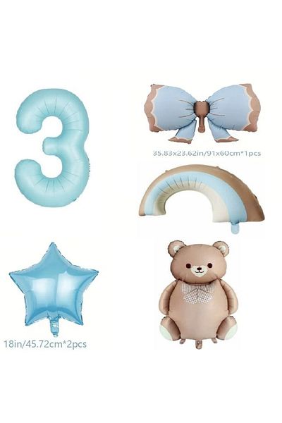 DÜVENCİ TİCARET Retro Blue Rainbow Bow Bear Foil Balloon Age Balloon Set