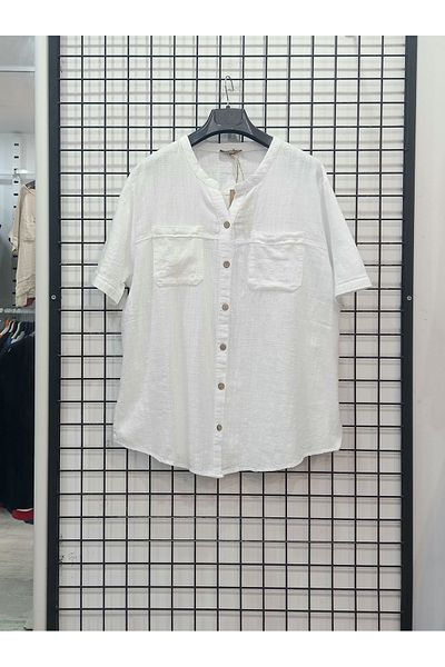 Butik Şans Short Sleeve Pocket Detailed Oversize Linen Shirt