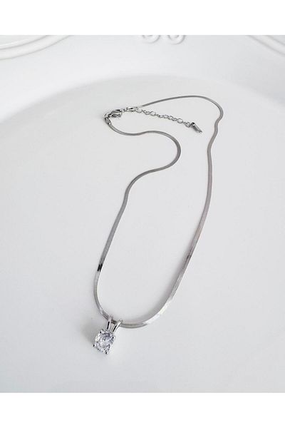 DEVİ fashion Steel Silver Single Stone Necklace 40 cm