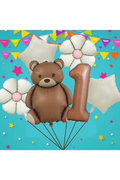 DÜVENCİ TİCARET 6Pcs Brown Bear Birthday Age Balloon Set
