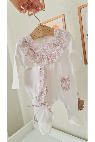 COLORFULLCLİPS Floral Patterned Seasonal Ecru Jumpsuit-0-3 Months