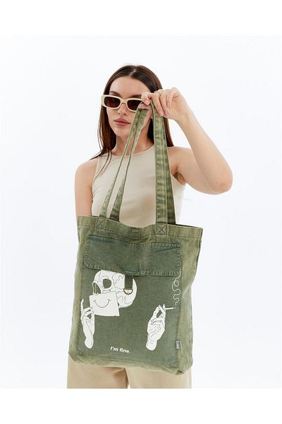 S-Ponder I'M Fine Printed 100% Cotton Snap Closure Tote Bag Cloth Arm and Shoulder Bag