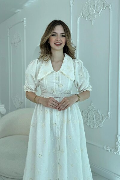 HELİS BUTİK Pointed Baby Collar Balloon Sleeve Ecru Brode Dress