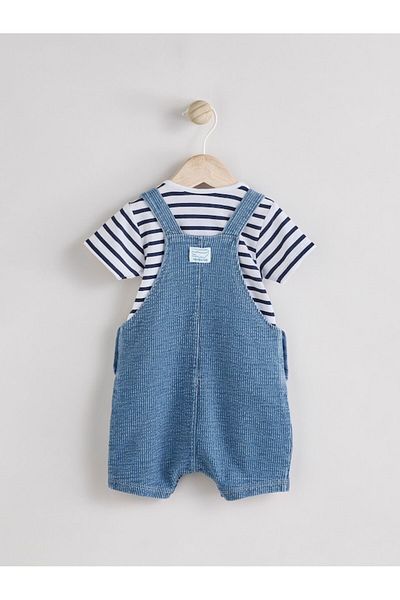 Next Baby Cotton Blue Denim Crocodile Patterned Overalls Bodysuit Set