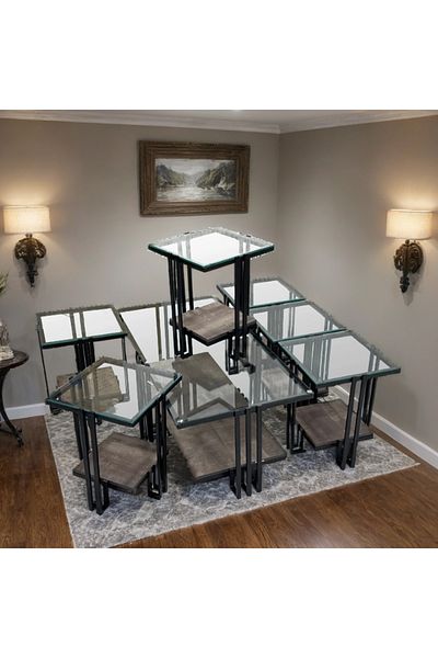 Ch 7-piece glass table set with wood and iron legs