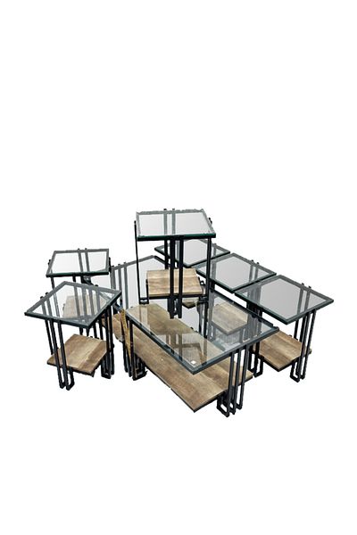Ch 7-piece glass table set with wood and iron legs