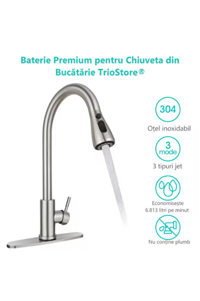 TrioStore Premium Kitchen Sink Faucet, Pull-out Nozzle with 70 cm Hose, Vileda Sponge