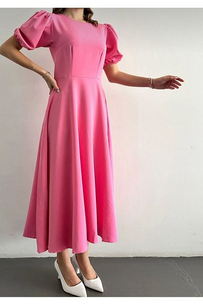 maf collection Rochie de seară de damă, roz, cu mâneci de pepene verde, din țesătură creponată