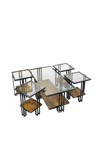 Ch 5-piece glass table set with wood and iron legs