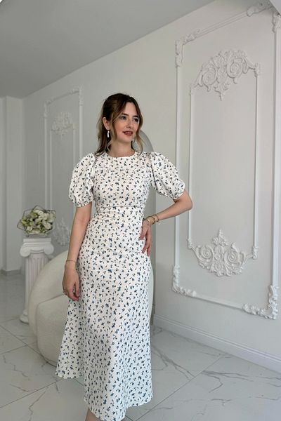 Butik Digital Flower Printed Atlas Fabric Blue Dress