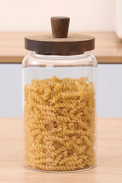 Meturas Glass Jar with Acacia Lid 950 Ml, Leakproof Silicone, Large Volume Dry Food Storage Jar