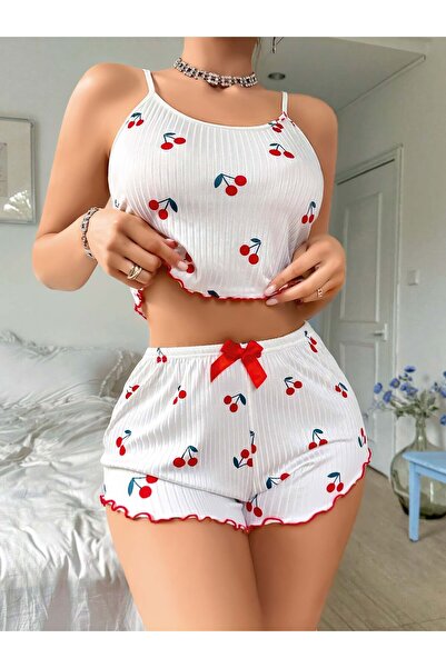 Gawzera Lily Bicnca Women's White Rope Strap Red Cherry Patterned Mini Short Suit
