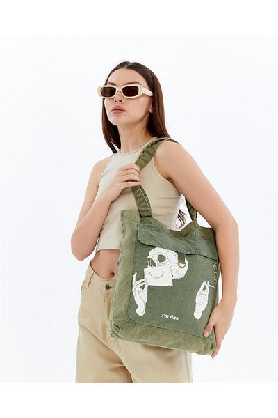 S-Ponder I'M Fine Printed 100% Cotton Snap Closure Tote Bag Cloth Arm and Shoulder Bag