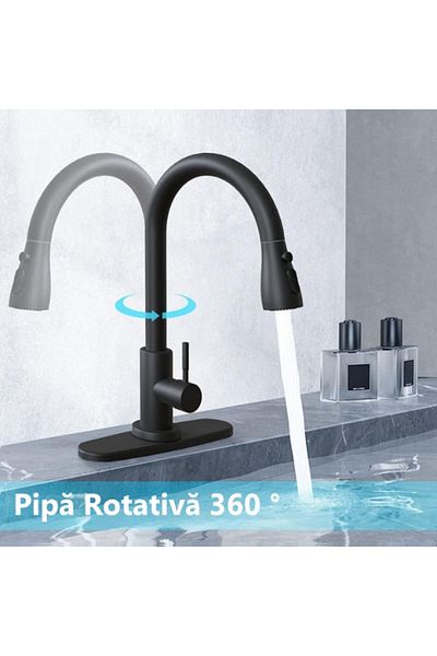 TrioStore Baterie Premium pentru Chiuveta Bucatarie, Duza Extractabila cu Furtun 70 cm, Burete Vase Vileda