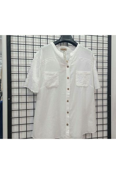Butik Şans Guipure Detailed Short Sleeve Pocket Cotton Shirt