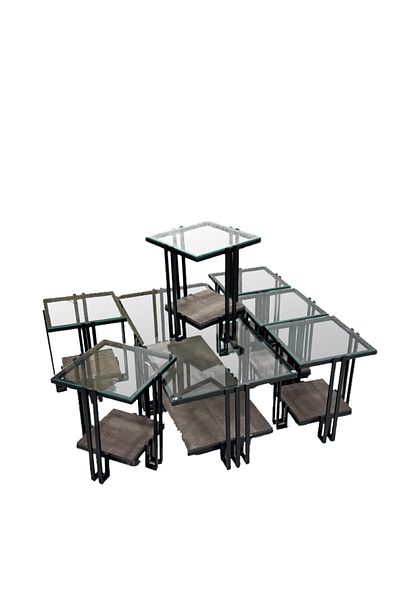 Ch 7-piece glass table set with wood and iron legs