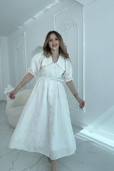 HELİS BUTİK Pointed Baby Collar Balloon Sleeve Ecru Brode Dress